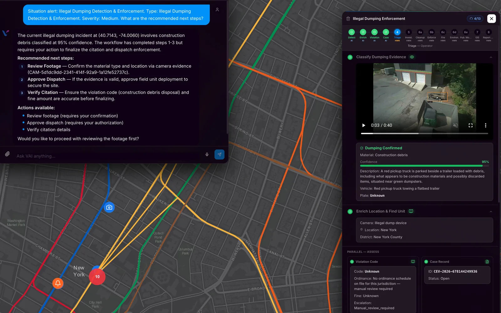 A VerityAI™ finding with its evidence, its confidence and the operator's next actions.
